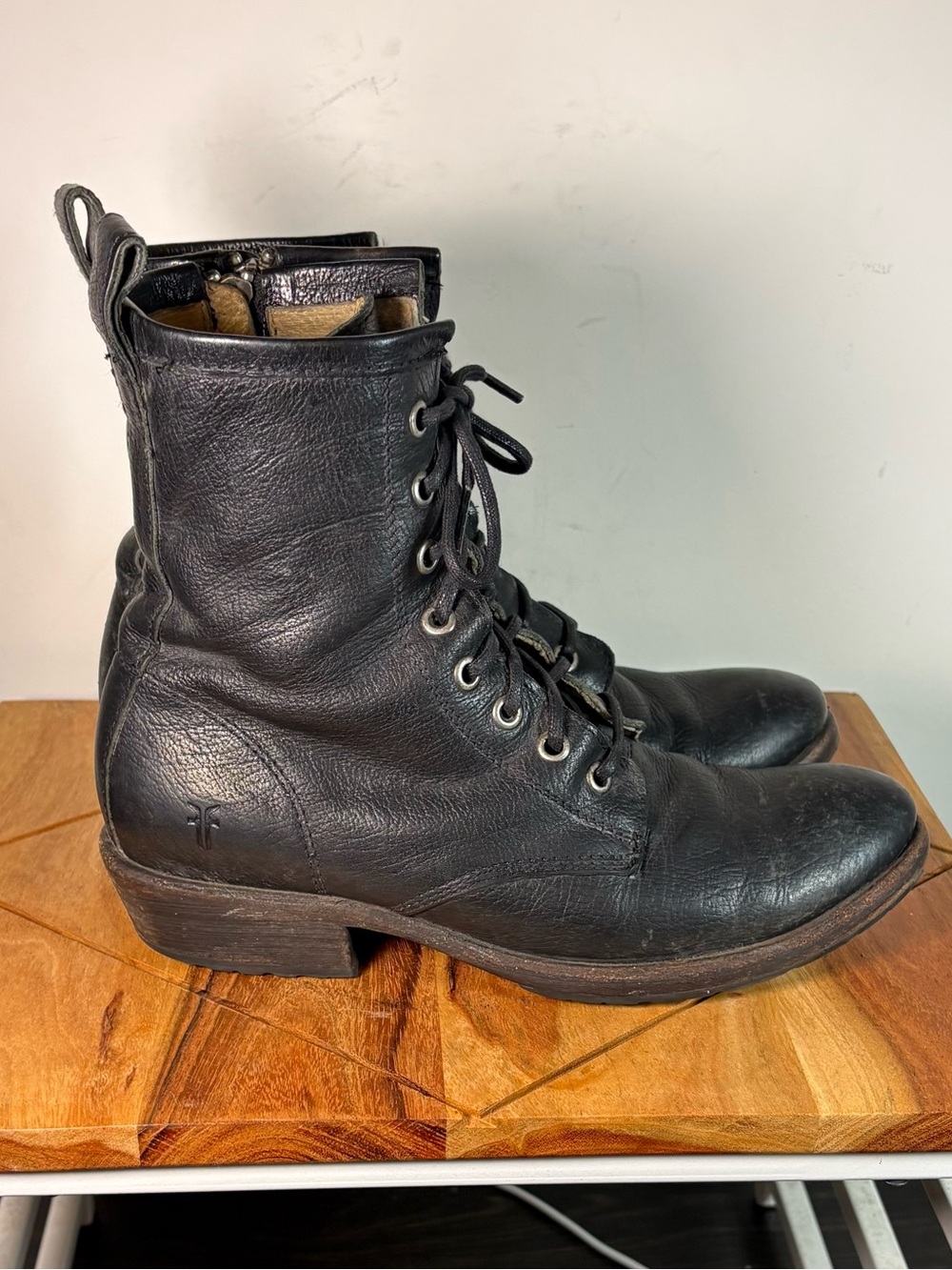Frye Black Leather Lace-Up Combat Boots